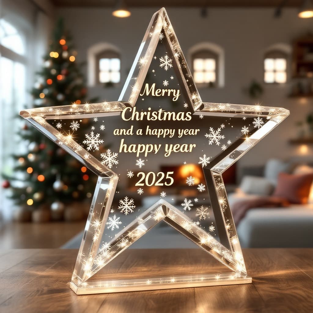 AI generated: High resolution crystal star with beautiful snowflakes and the name "Merry Christmas and a Happy New...