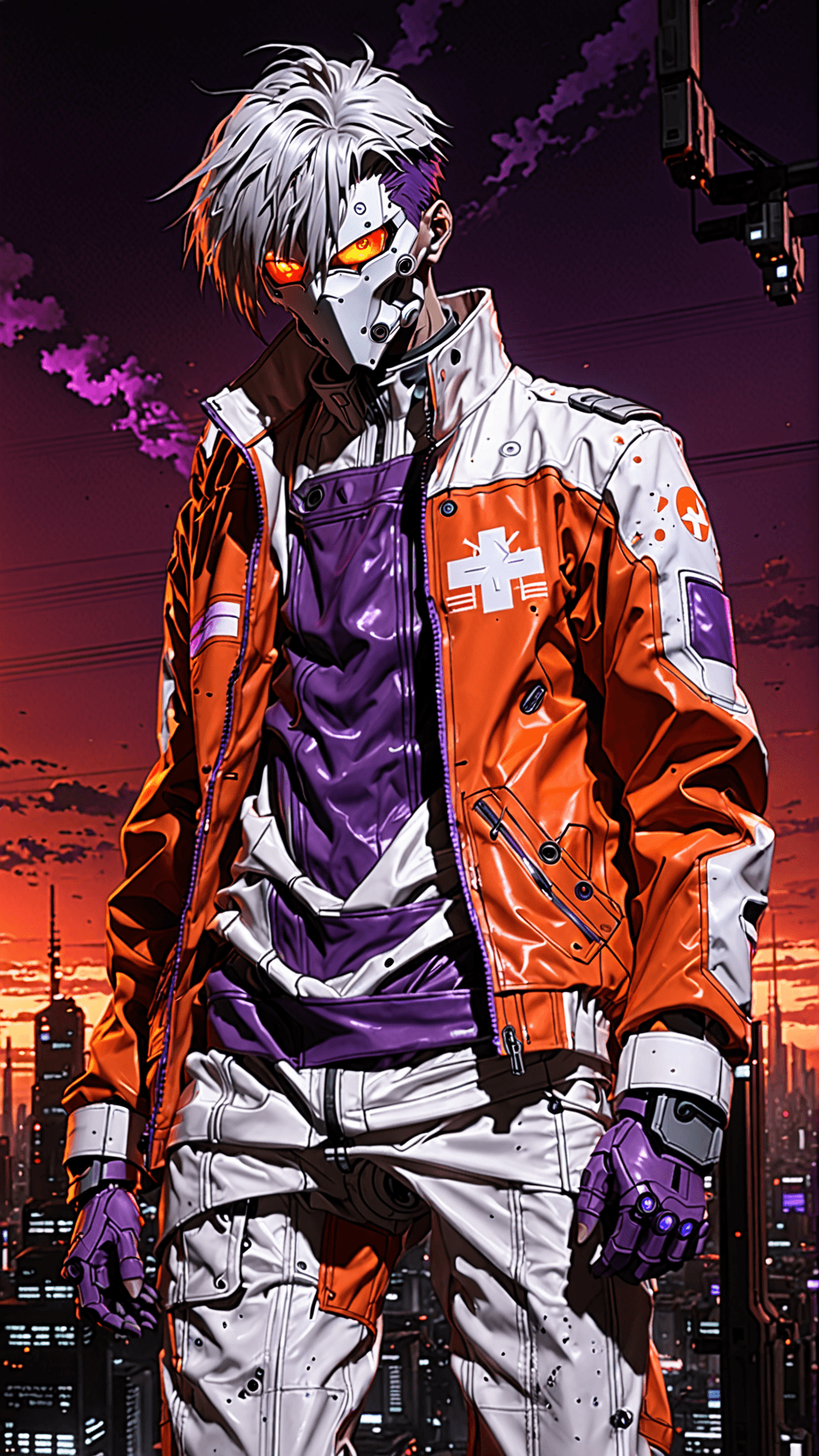 AI generated: anime character dressed in white and orange jacket, in the style of cyberpunk, dark white and light ...