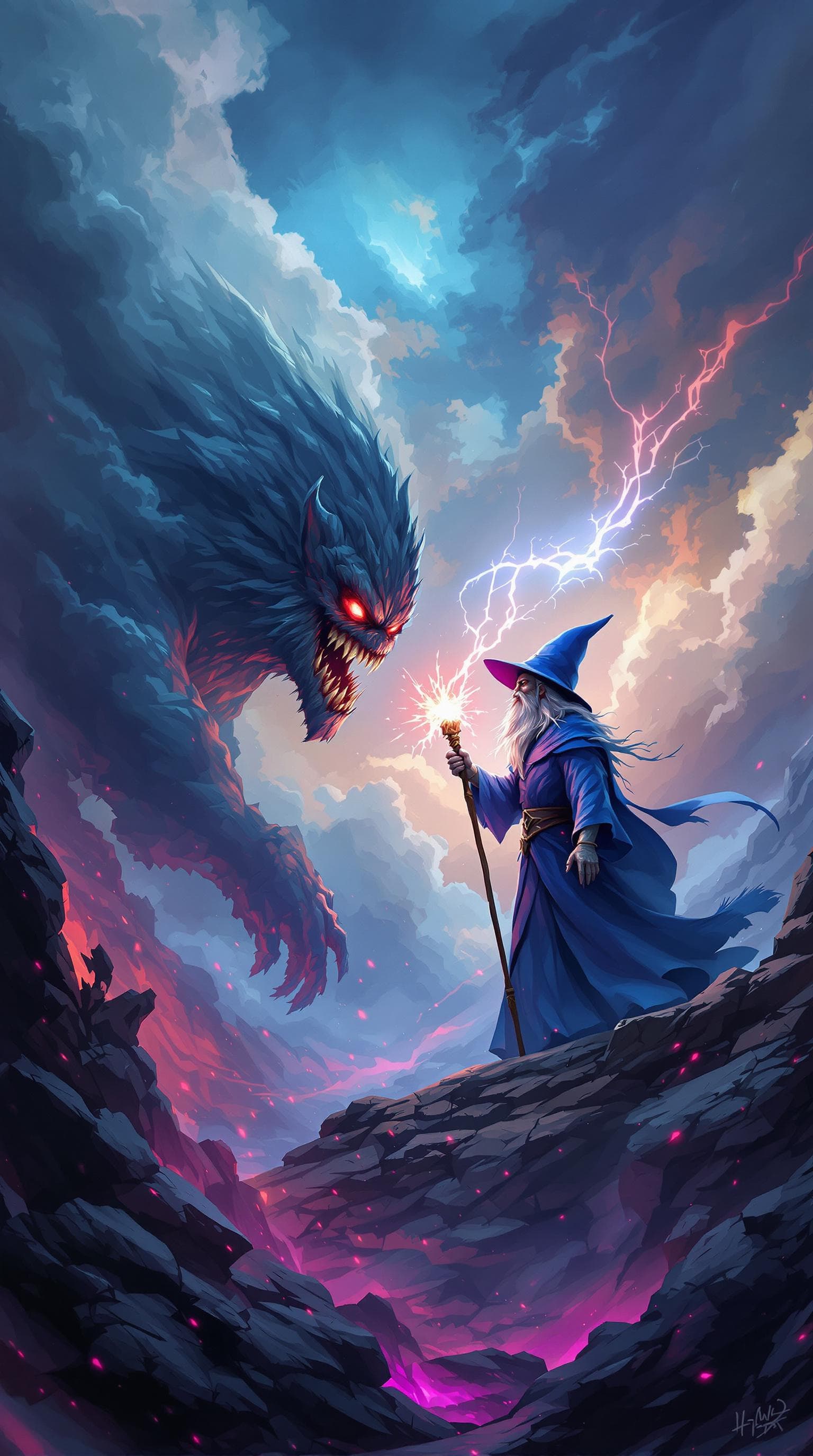 AI generated: Bright colours. Clouds are grey and stormy. A wizard in blue faces off a red eyes orc. The wizard ho...