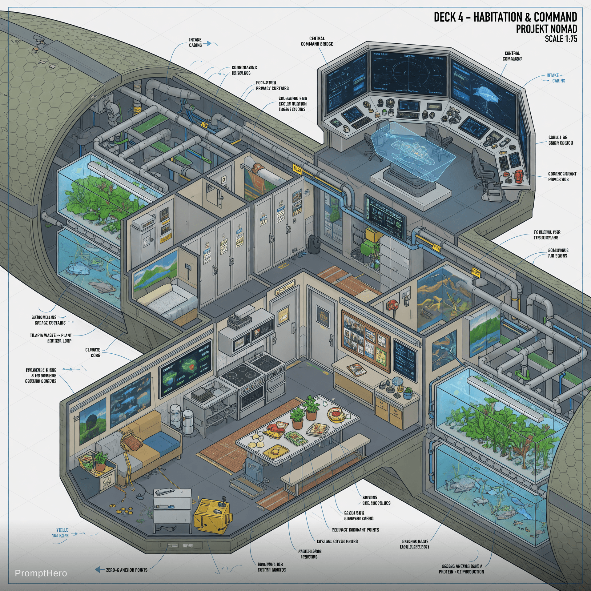 AI generated: Highly detailed technical cutaway isometric view of Deck 4 (Habitation & Command) of Projekt Nomad, ...