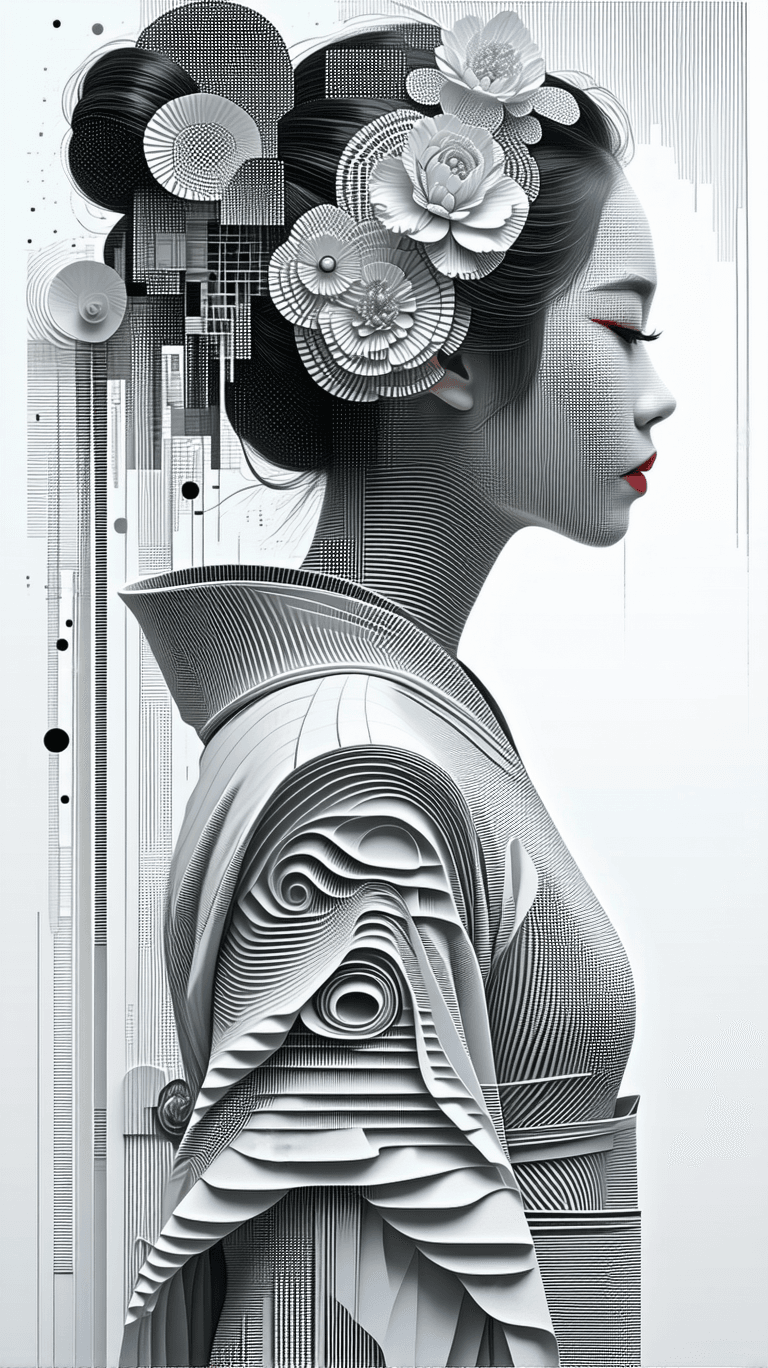 AI generated: By Albert Durcher, tessellating geisha:2, optical illusion, intricate pattern, mathematical precisio...