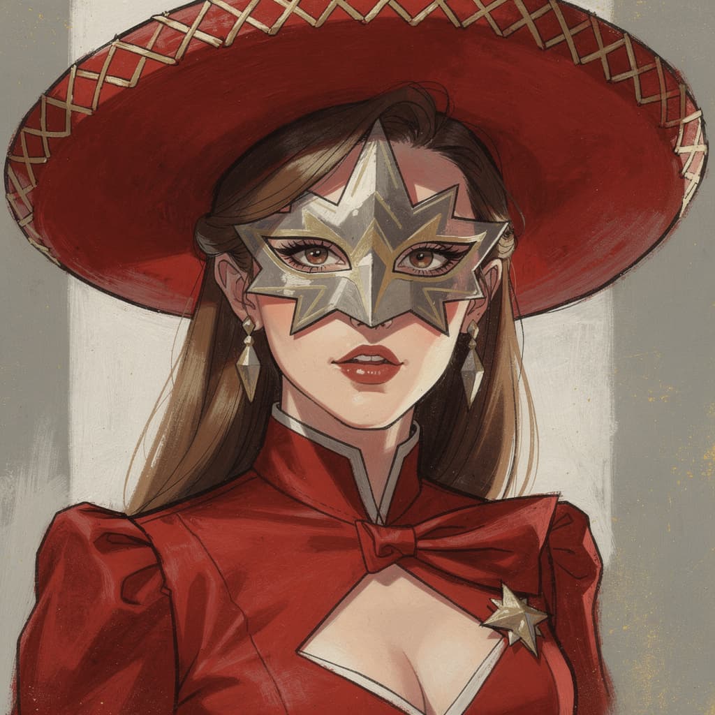 AI generated: a lady in red with a sombrero with the face of a star wars character, in the style of florian nicoll...