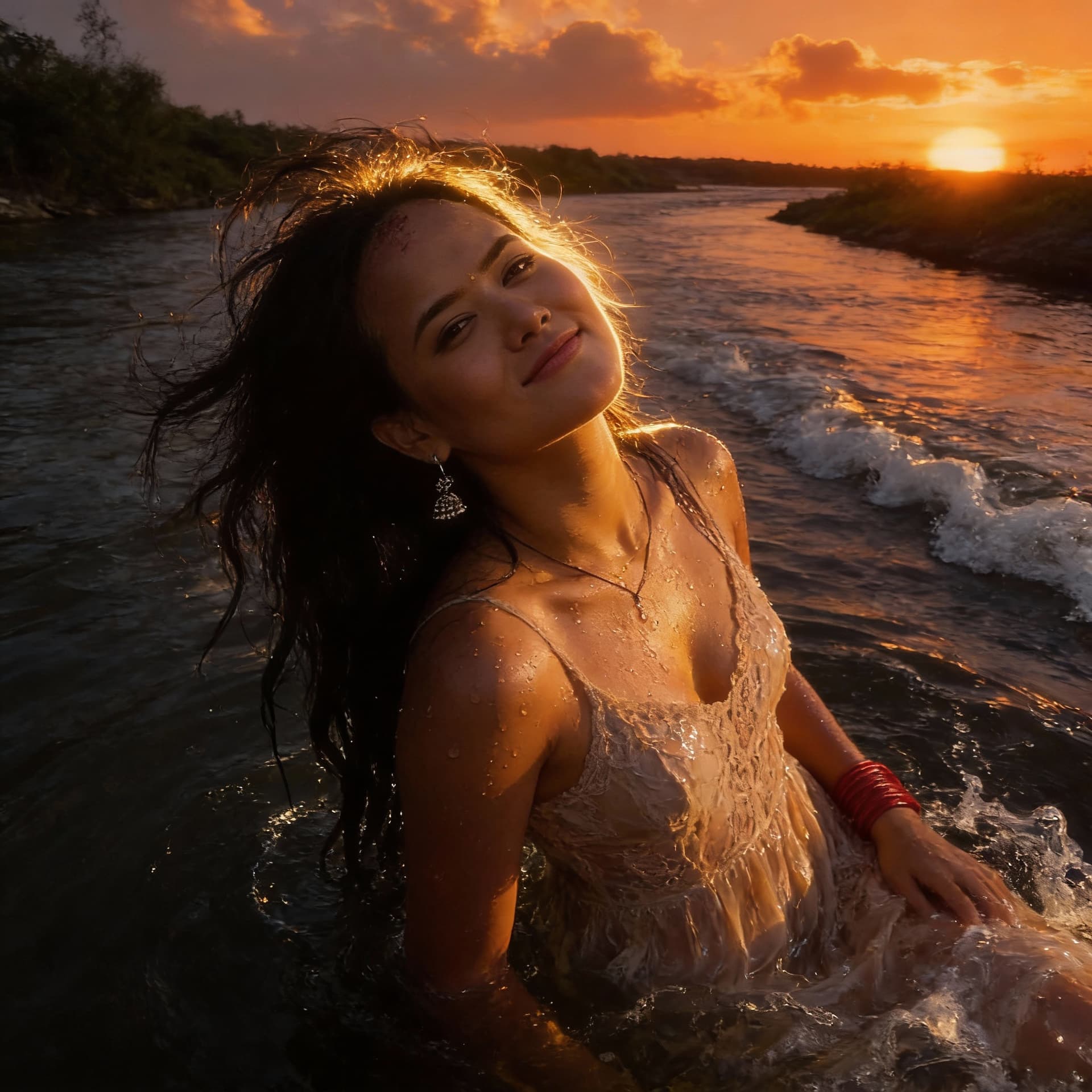 AI generated: The uploaded woman stands by a river. The setting sun, a fiery sunset, golden clouds, and golden rip...