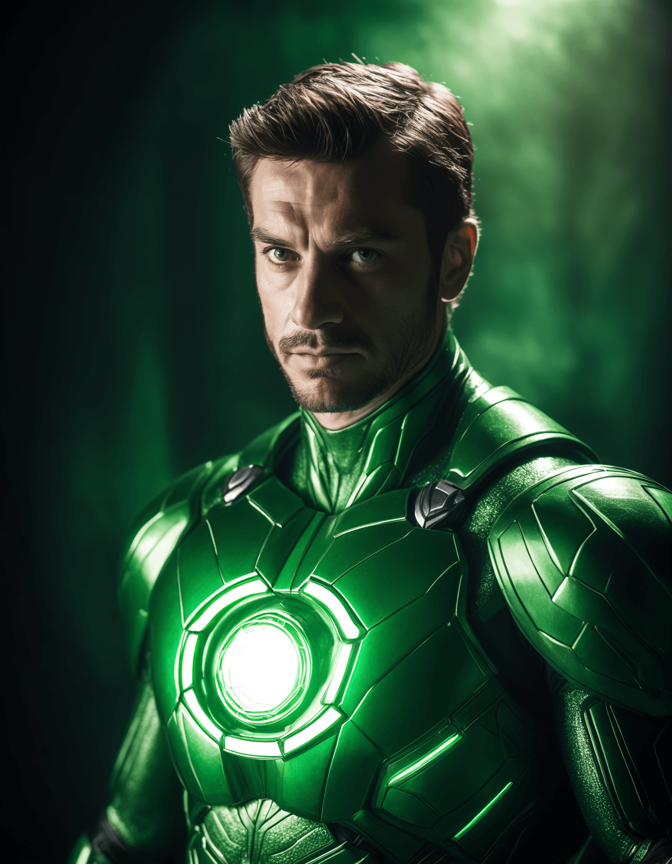 AI generated: cinematic film still awardwinning photo, Portrait of a Superhero who is a fusion of Iron Man AND Gre...