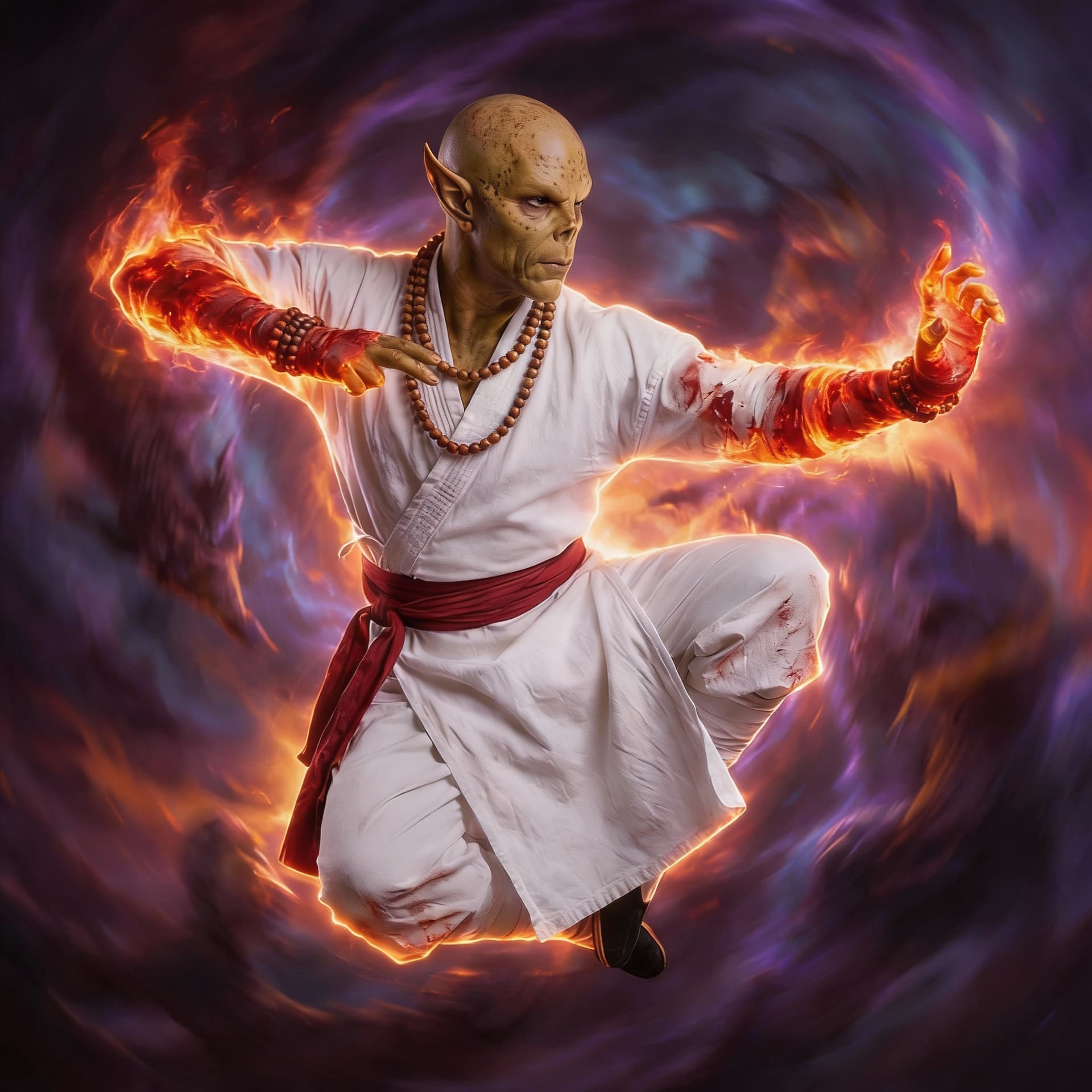AI generated: Githzerai monk in white robes and red sash belt, wearing elbow length white but heavily blood staine...