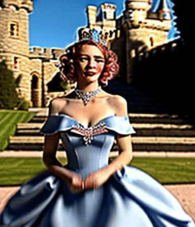 AI generated: pink ball gown ruffle dress, running down in a castle while holding the dress, pink heels detailed i...