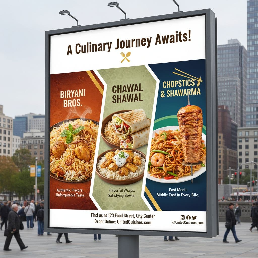 AI generated: design a poster for my restaurant to put up on a main city square as a marketing ad, the restaurant ...