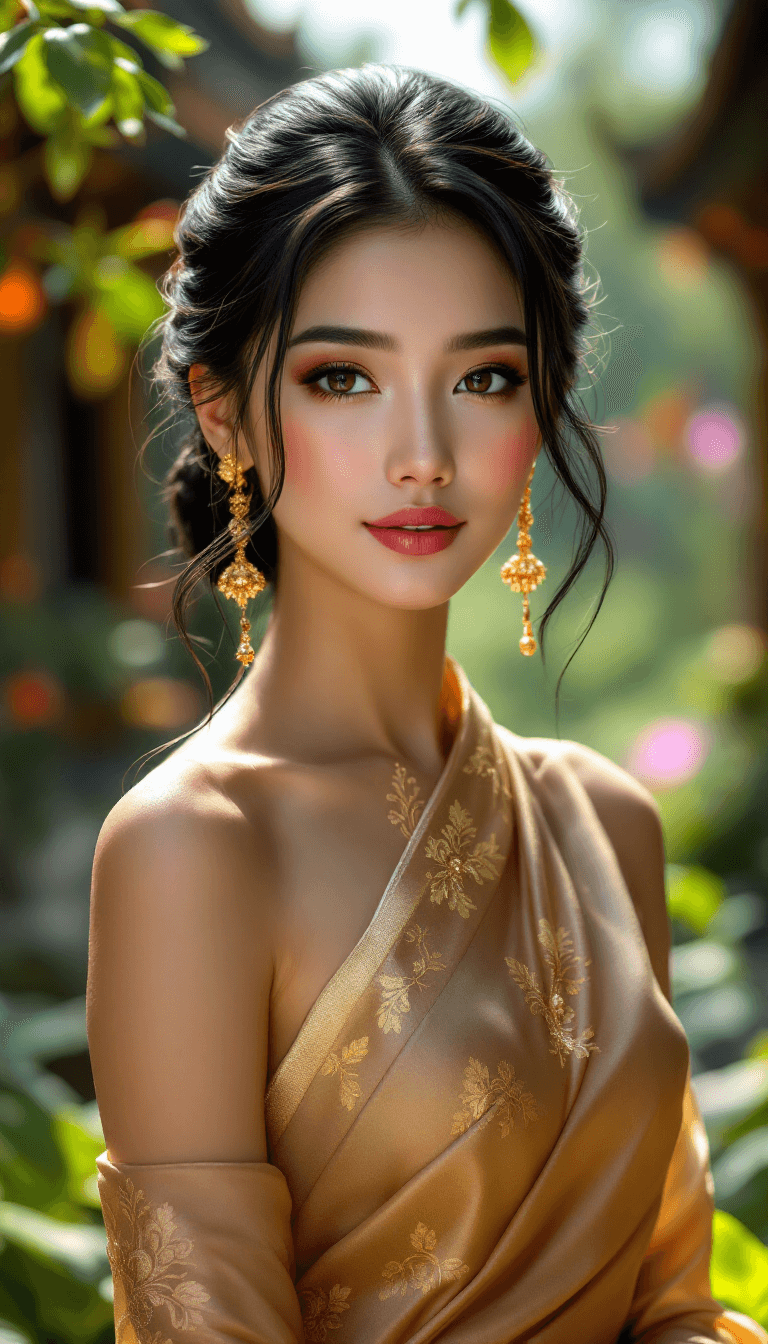 AI generated: /imagine prompt: A beautiful Thai woman with glowing tan skin, sleek black hair styled in an elegant...