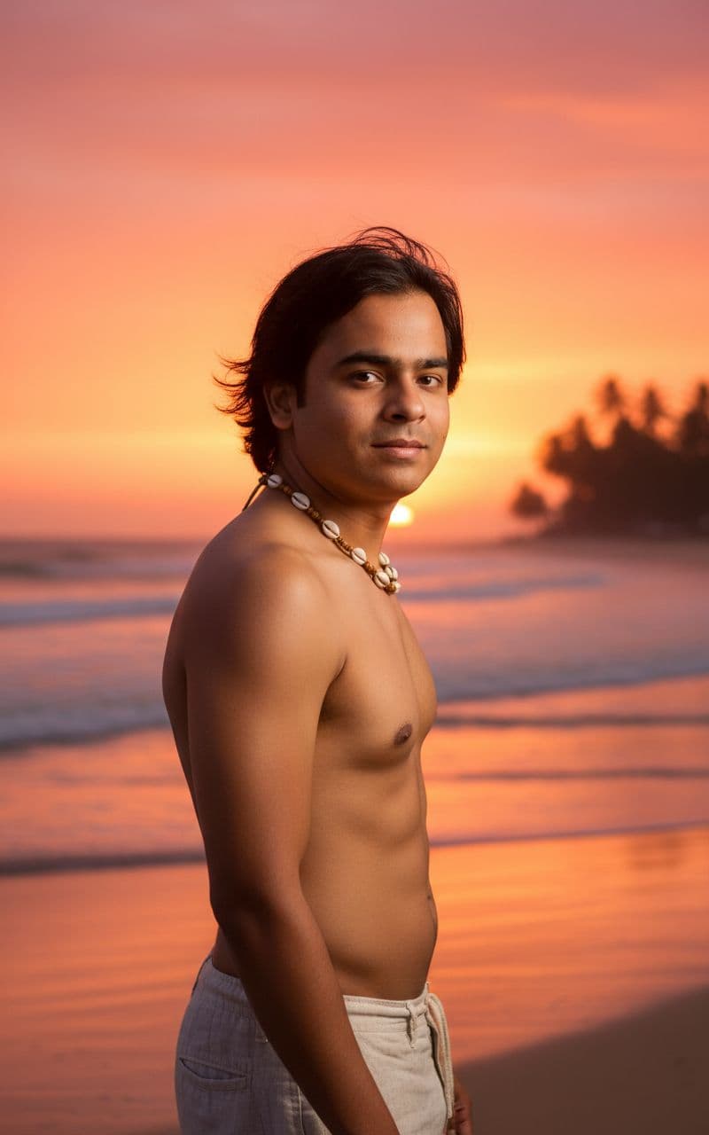 AI generated: A cinematic portrait of this man standing on the beach at sunset, with ocean waves behind him.

Wa...