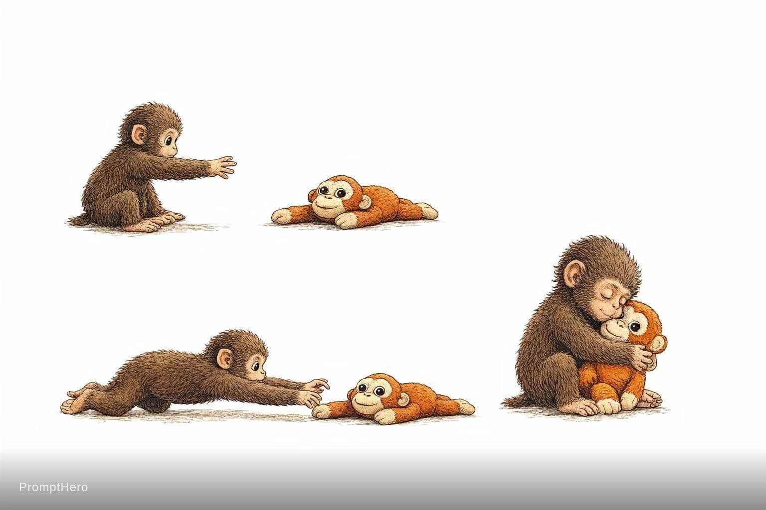 AI generated: vintage children's book illustration, emotional storytelling with 3 scenes, cute baby monkey with fl...
