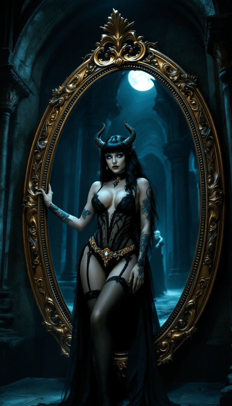 AI generated: A hyper realistic HD Photo of beautiful demon women, standing in front a big full body sized oval mi...