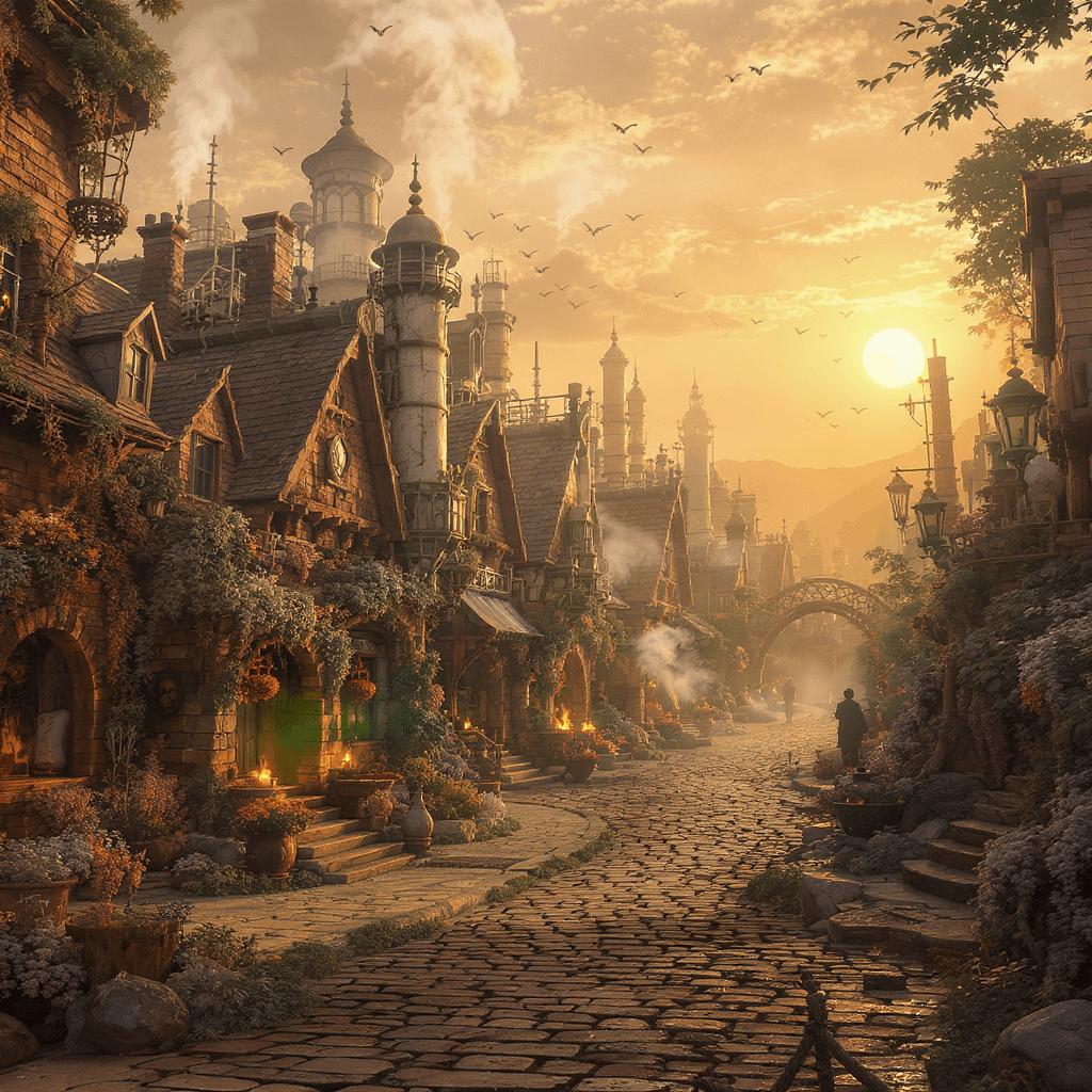 AI generated: steampunk village in the afternoon sun
