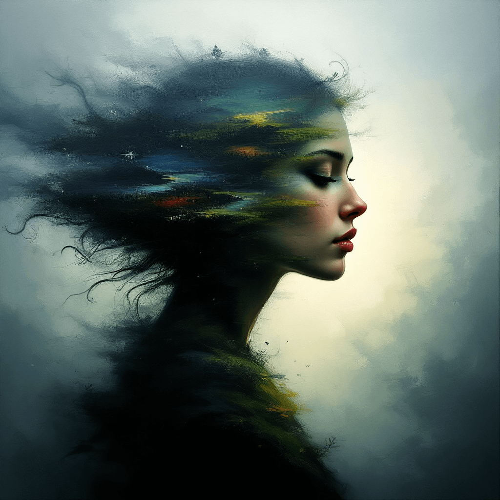 AI generated: Impressionistic painting of a woman whose form is a blurry, shifting landscape, mirroring the flux o...