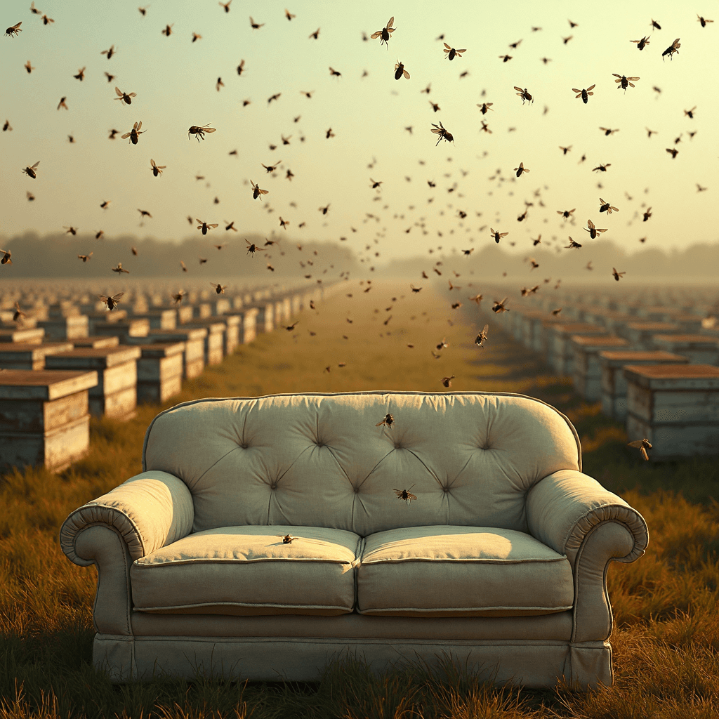 AI generated: A cozy, untouched sofa stands in a field filled with endless rows of beehives stretching far into th...