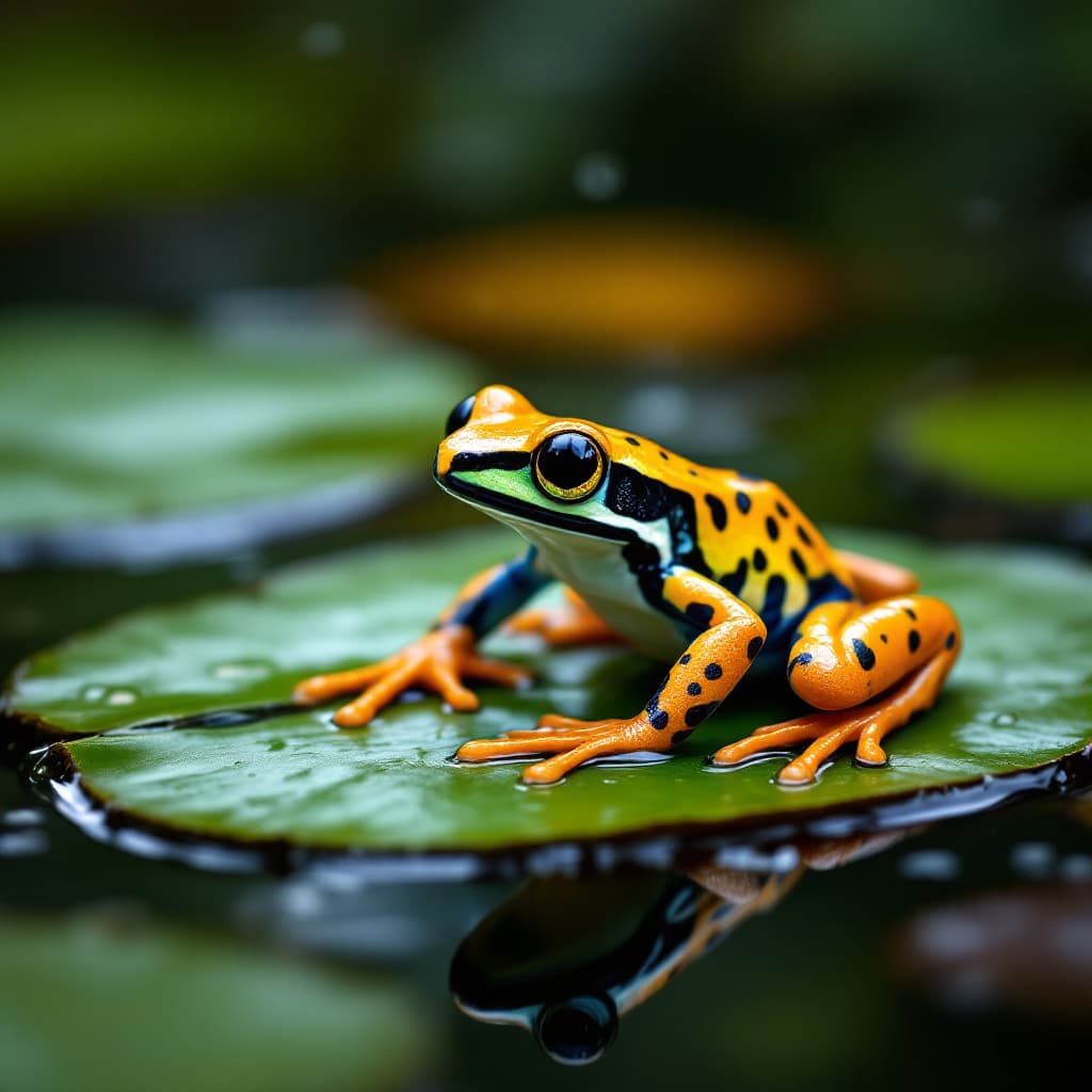 AI generated: a picture of a colourful dart frog on a lily pad on a pond with some rain droplet splashes and some ...