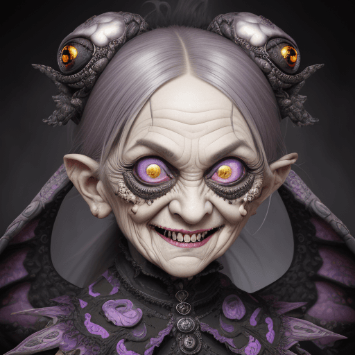AI generated: Very old madness grandma with evil smile, mad sky hallucination by Mundford, baroque maximalist, chi...