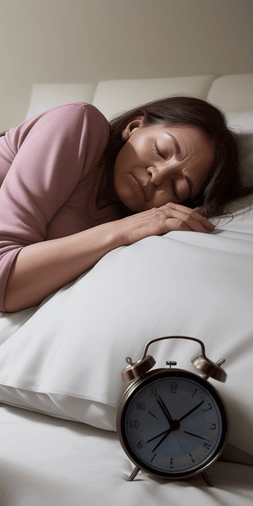 AI generated: ""A woman of about 30 years old, with a medium build, is sleeping on her side on the bed at night. T...
