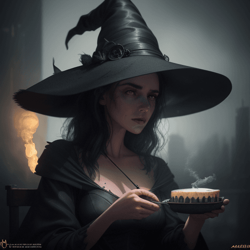 AI generated: everyday witch by Ilizabet Alba. witch and morning coffee with a piece of cake, sharp focus, emittin...