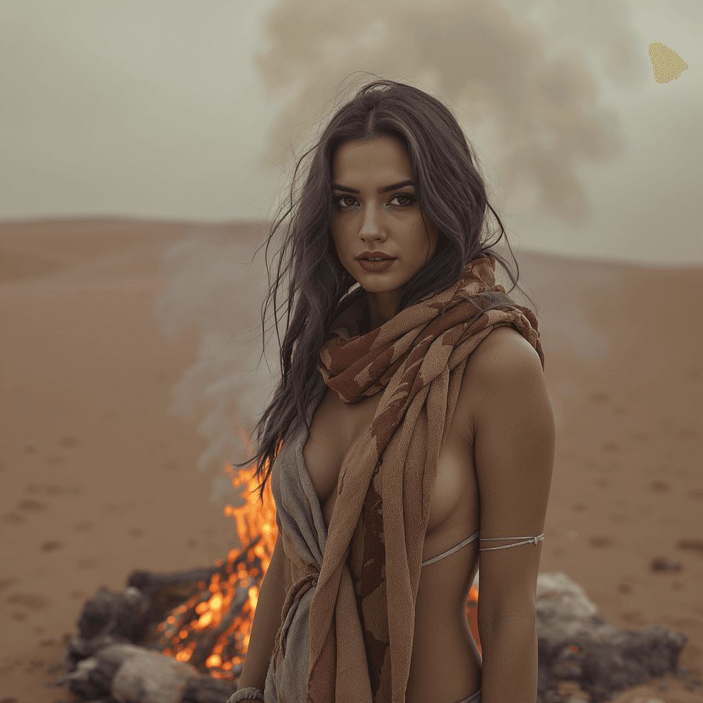 AI generated: In a post-apocalyptic scene, a pretty female in bare clothing, with a desert scarf, desert, campfire...
