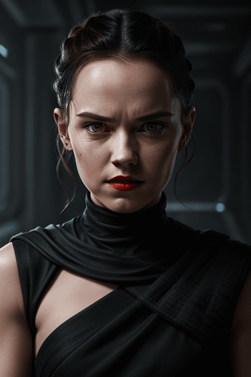 AI generated: rey skywalker with daisy ridley face as sith empress in black sith uniform, dark red lips, yellow ey...