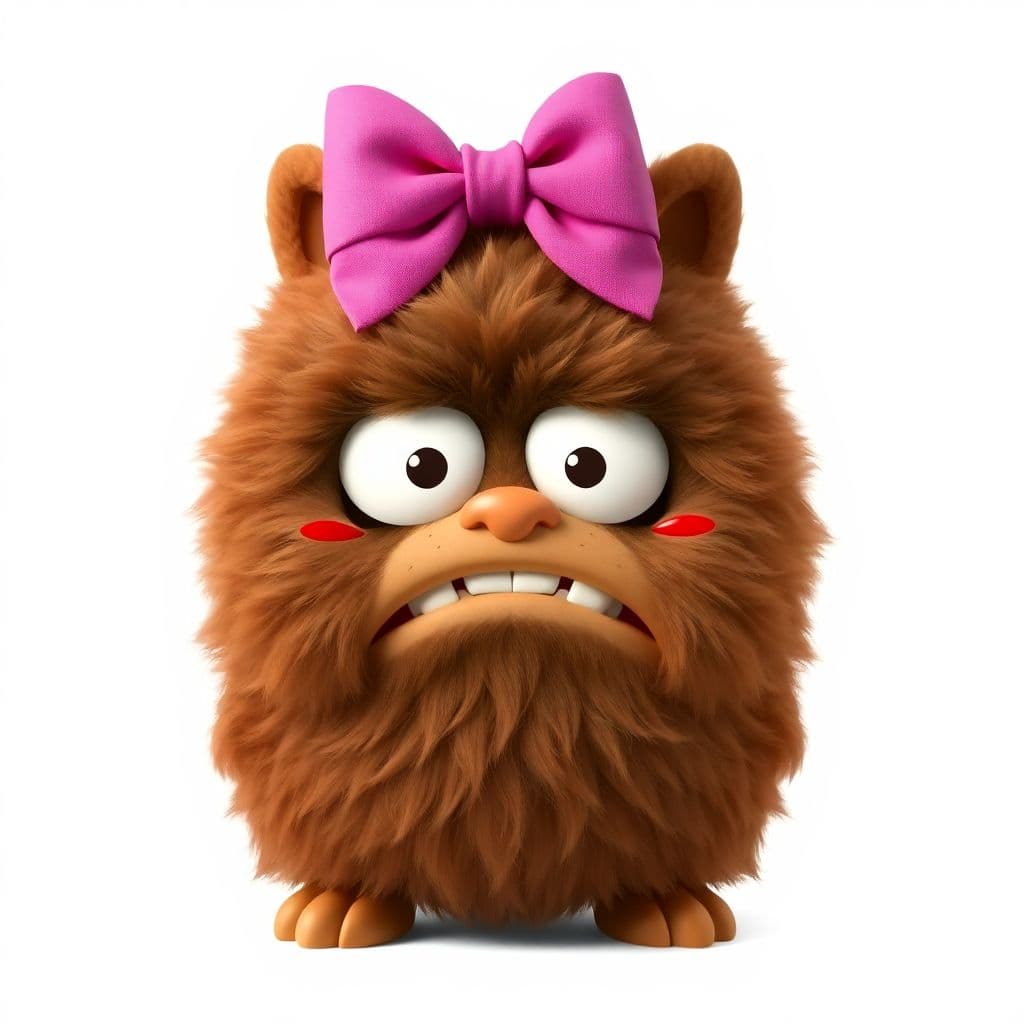 AI generated: very disgust face brown fluffy character wearing a pink bow on white background.