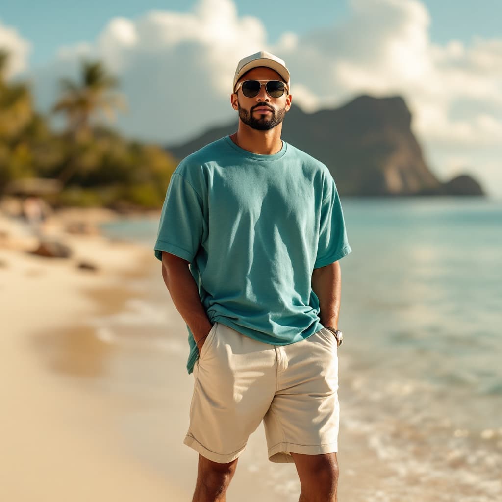 AI generated: high-resolution photo of A stylish 37-year-old man with light brown skin stands on an idyllic island...