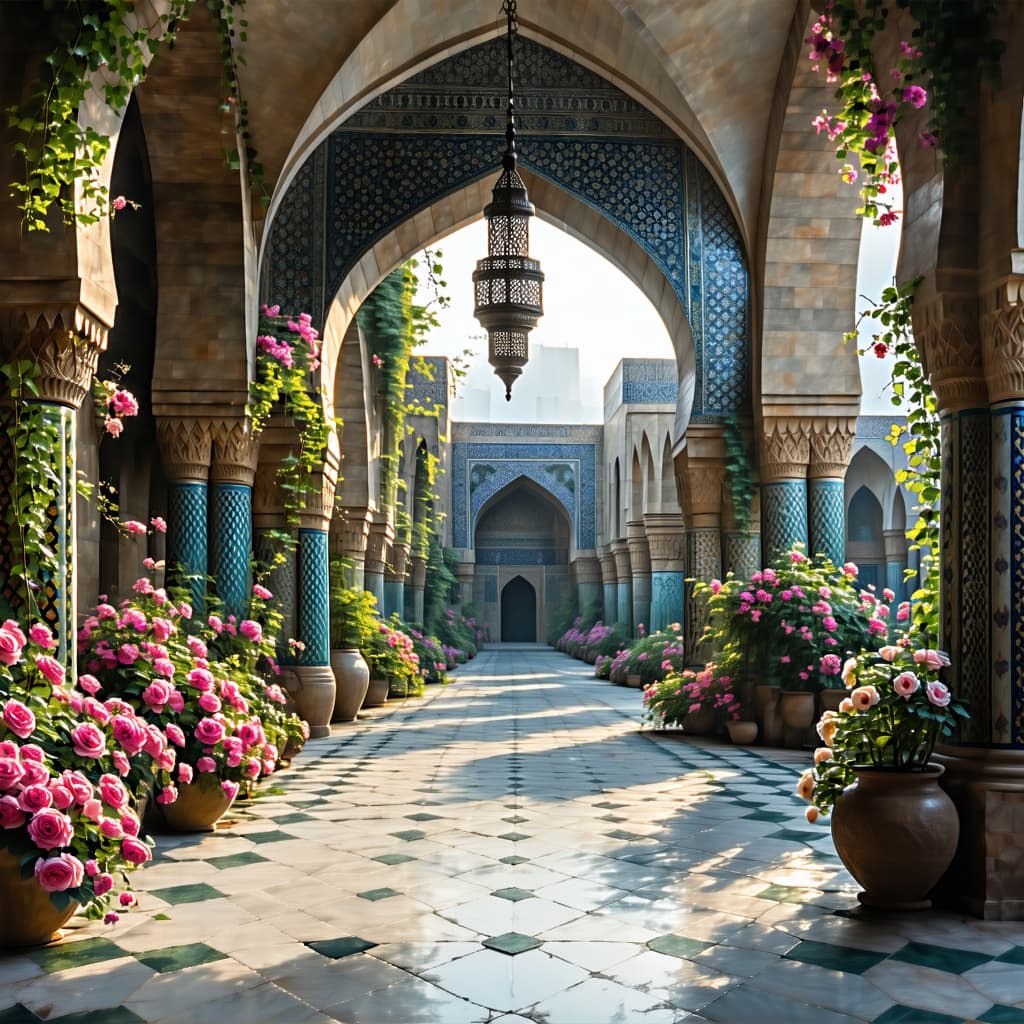 AI generated: Hanging Gardens, Persian architecture, dramatic light full of rose, vibrant flowers, architecture in...