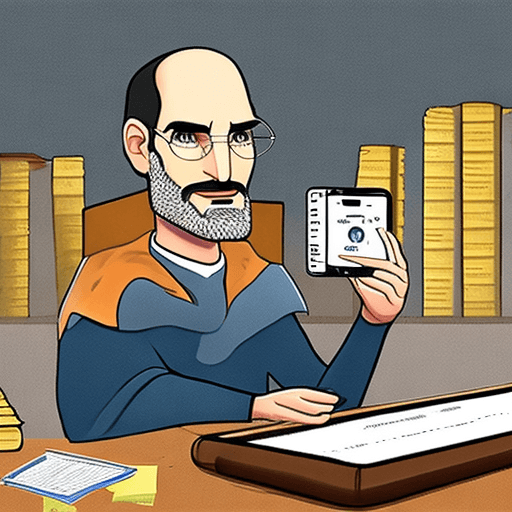 AI generated: Cartoon of Steve Jobs impersonating Moses on Mount Sinai with the Table of the Laws and holding inst...