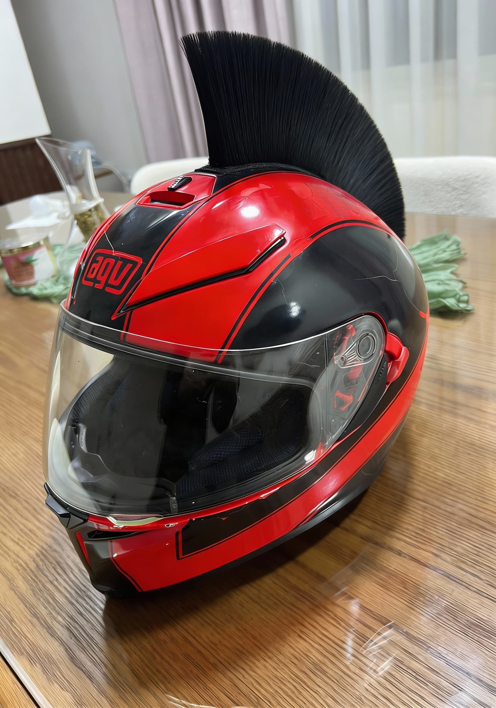 AI generated: Added the mohawk at my helmet 