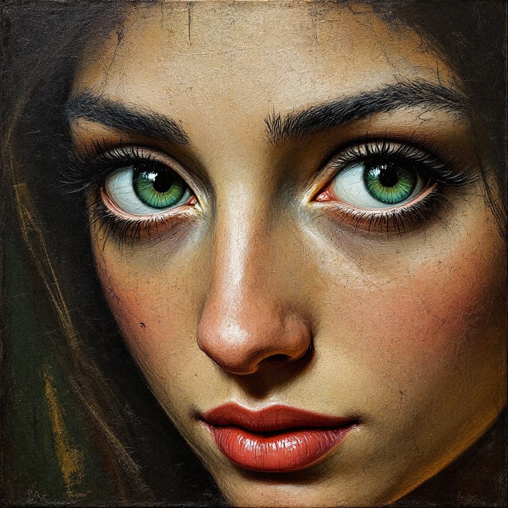 AI generated: artistic, oil painting, portrait of caracol, green eyes, gaze, grainy touch, style inpired by Diego ...