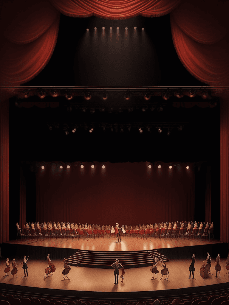 AI generated: image of a retro stage, full view of the stage, red curtains on the sides, with a slight shadow, sta...