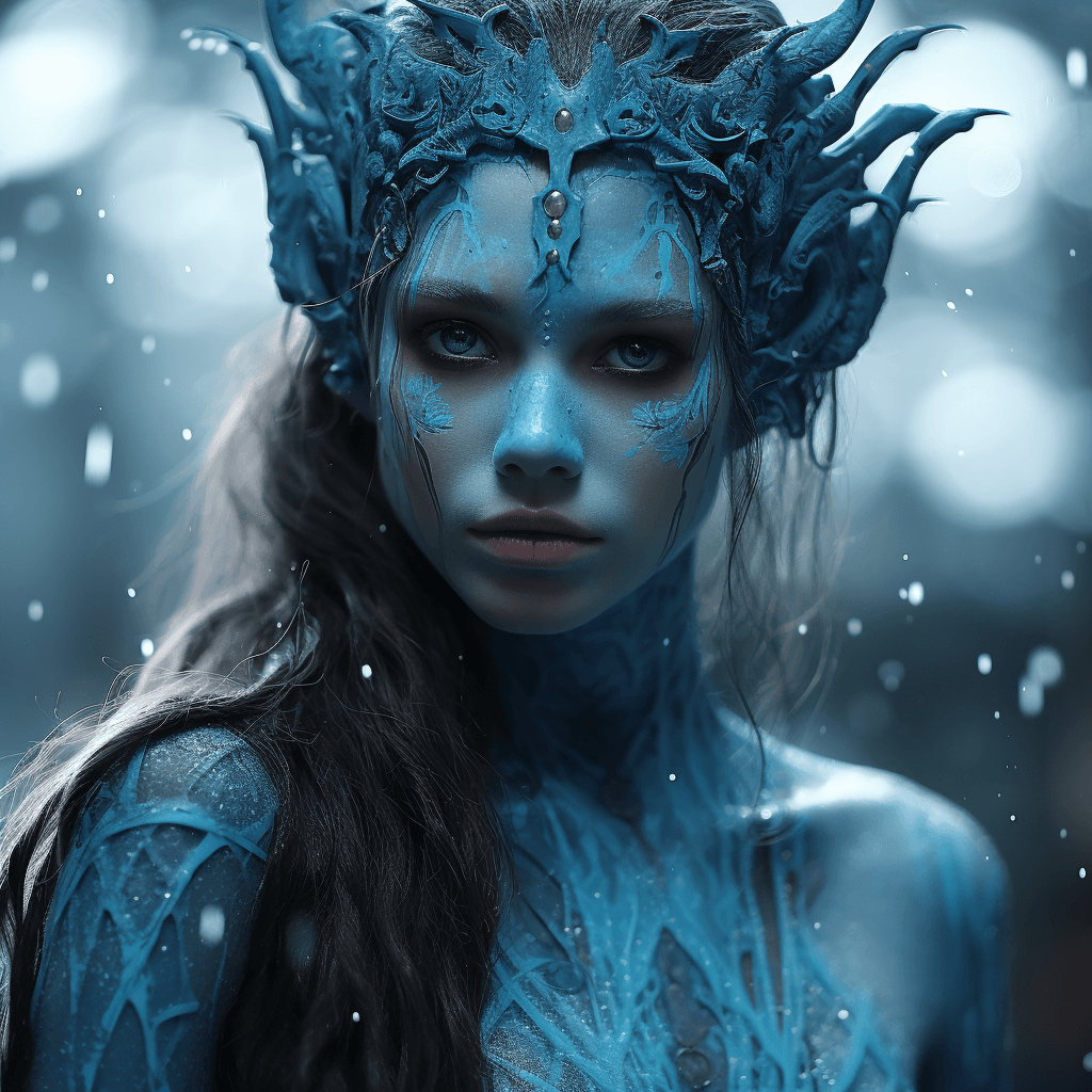 AI generated: a young woman dressed as an elf in mystical blue paint, in the style of zeen chin, 32k uhd, cultural...