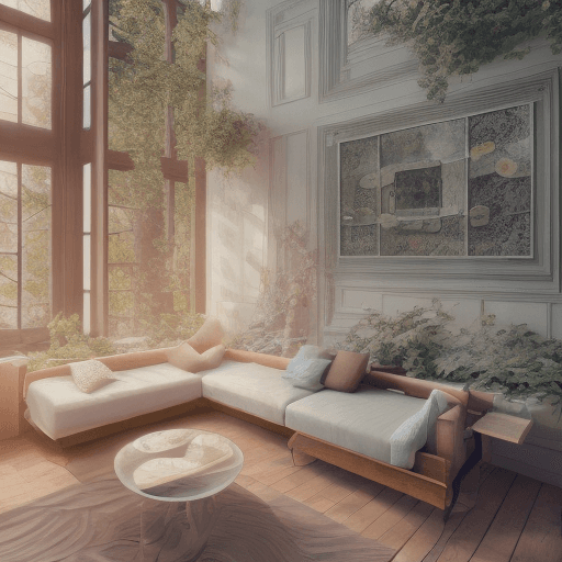 AI generated: High resolution photography interior design, dreamy sunken living room conversation pit, wooden floo...