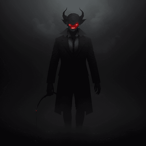 AI generated: a creepy demon made out of fog and smoke, wide grin, red eyes, sinister look, holding a needle and t...