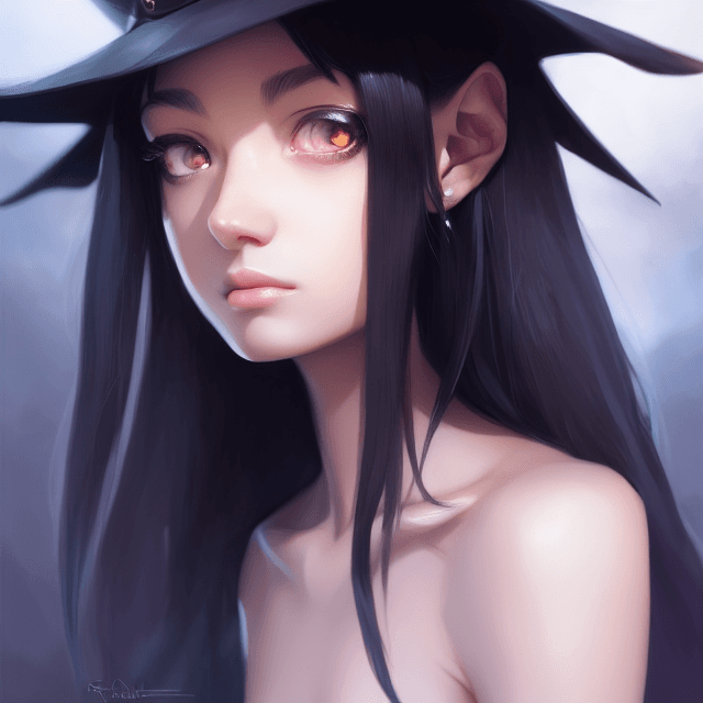 AI generated: Closeup face portrait of a black hair girl wearing witch hat, smooth soft skin, big dreamy eyes, bea...