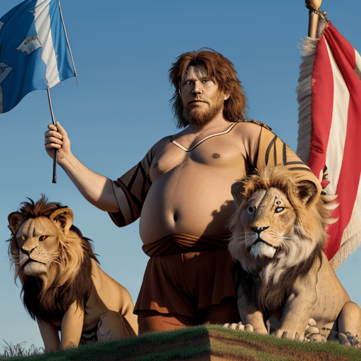AI generated: javier milei, fat, 55 years old as the lion king, 
with the argentinian flag 