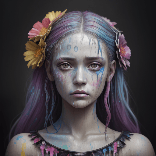 AI generated: wet paint, portrait of wome, Colored Dress, with a depressed look, In a flowered , with battle marks...