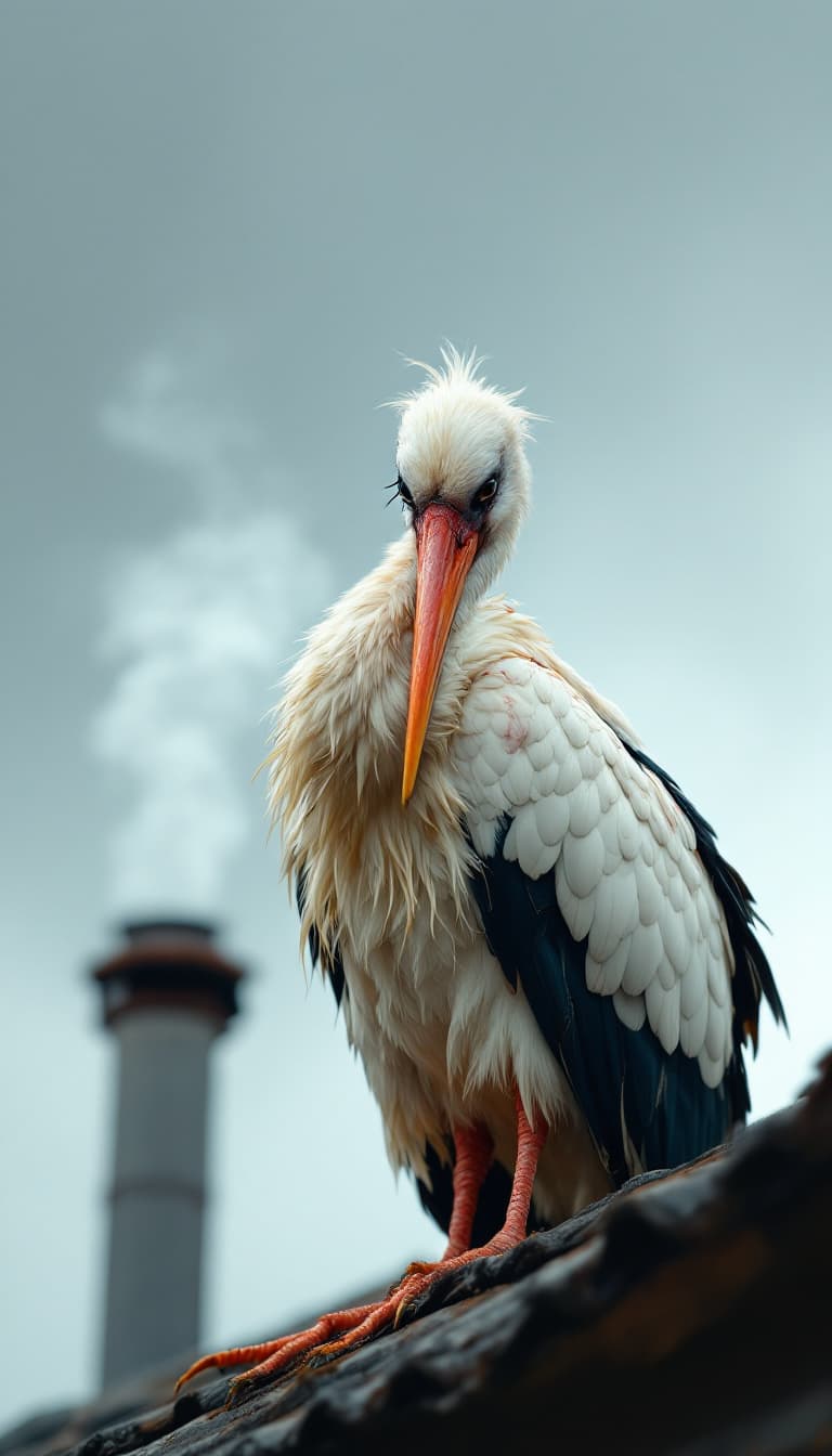 AI generated: medium close shot: The white stork with disheveled feathers and a wound on its left wing sits on the...
