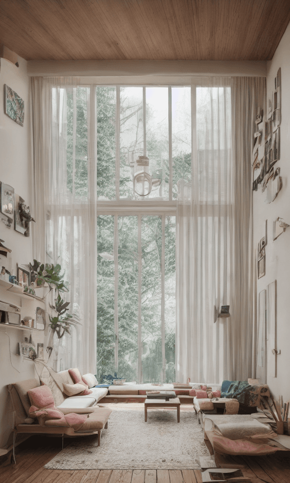 AI generated: High resolution photography interior design, dreamy sunken living room conversation pit, wooden floo...
