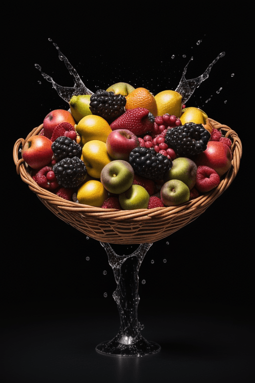 AI generated: a basket of colorful fruits, with extreme contrast, extreme details, explode with huge particles spl...