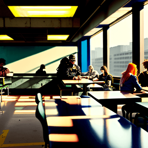 AI generated: Cyberpunk cafeteria university during daylight with a few students.