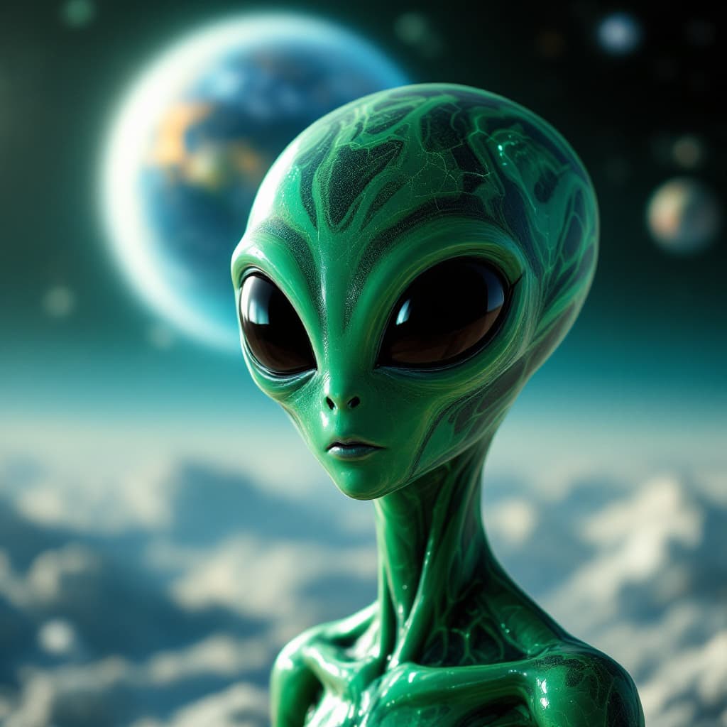 AI generated: an alien made of Velvet Malachite::2 big shiny black eyes, soulful eyes::planet in the background