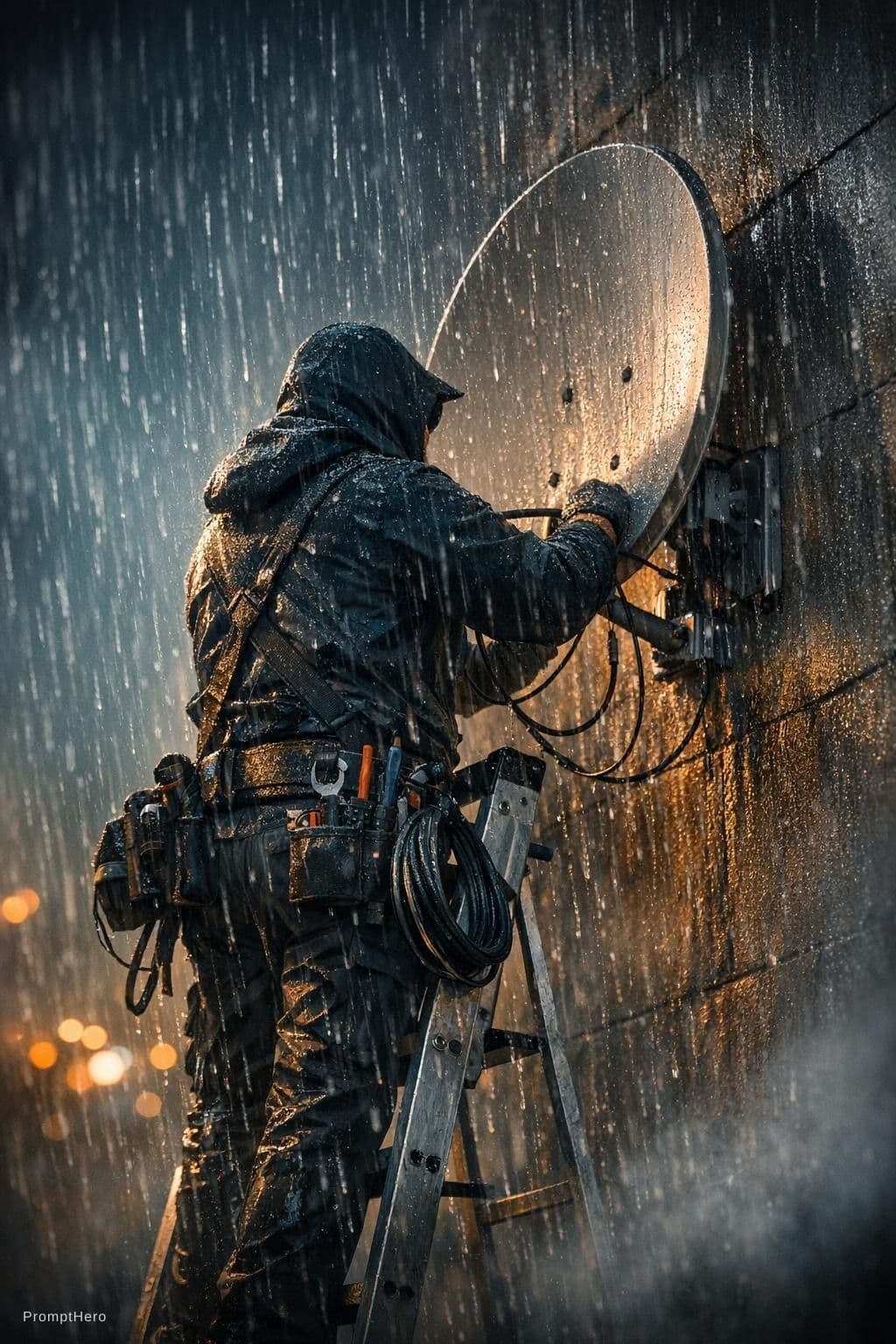 AI generated: Ultra-realistic cinematic poster of a satellite dish technician working in heavy rain at night, back...