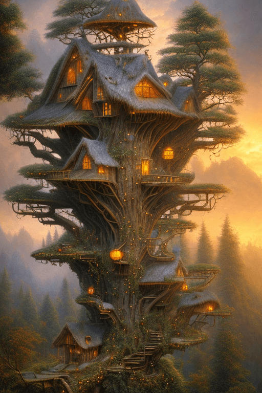 AI generated: valley, fairytale treehouse village covered,, matte painting, highly detailed, dynamic lighting, cin...