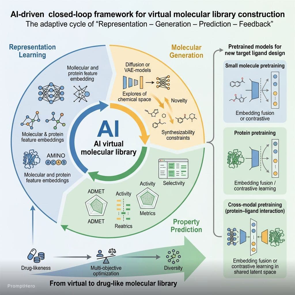AI generated: Scientific infographic illustrating an AI-driven closed-loop framework for virtual molecular library...
