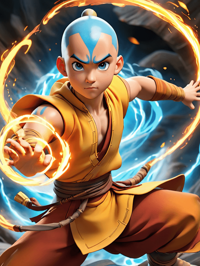 AI generated: anime artwork Render a realistic depiction of Aang,the last airbender,showcasing his mastery of all ...