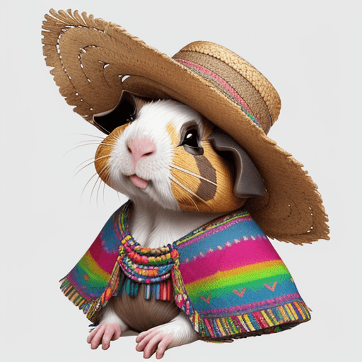 AI generated: Species: Guinea pig.
	•	Attire: Wearing typical Ecuadorian attire, including a straw hat and a color...