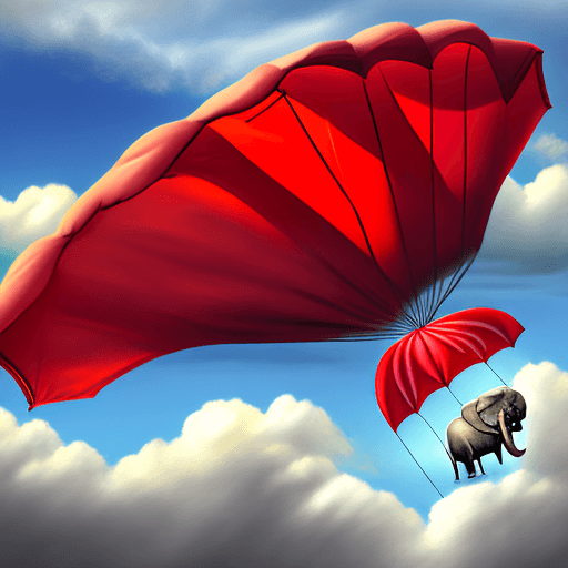 AI generated: Elephant attached to a red parachute falling through sunny clouds.
Style: photo realistic