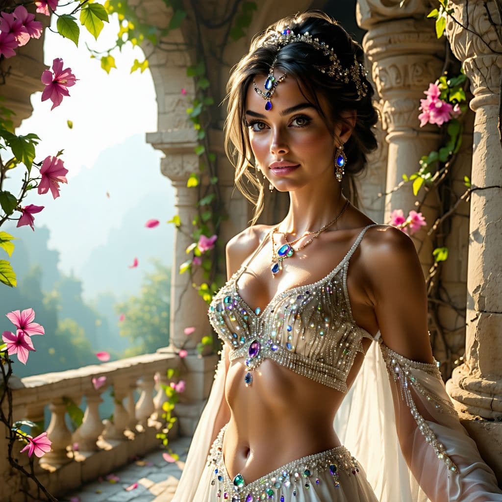 AI generated: Full body shot, A ravishing apsara, adorned in a resplendent crystal bra, stands majestically on the...