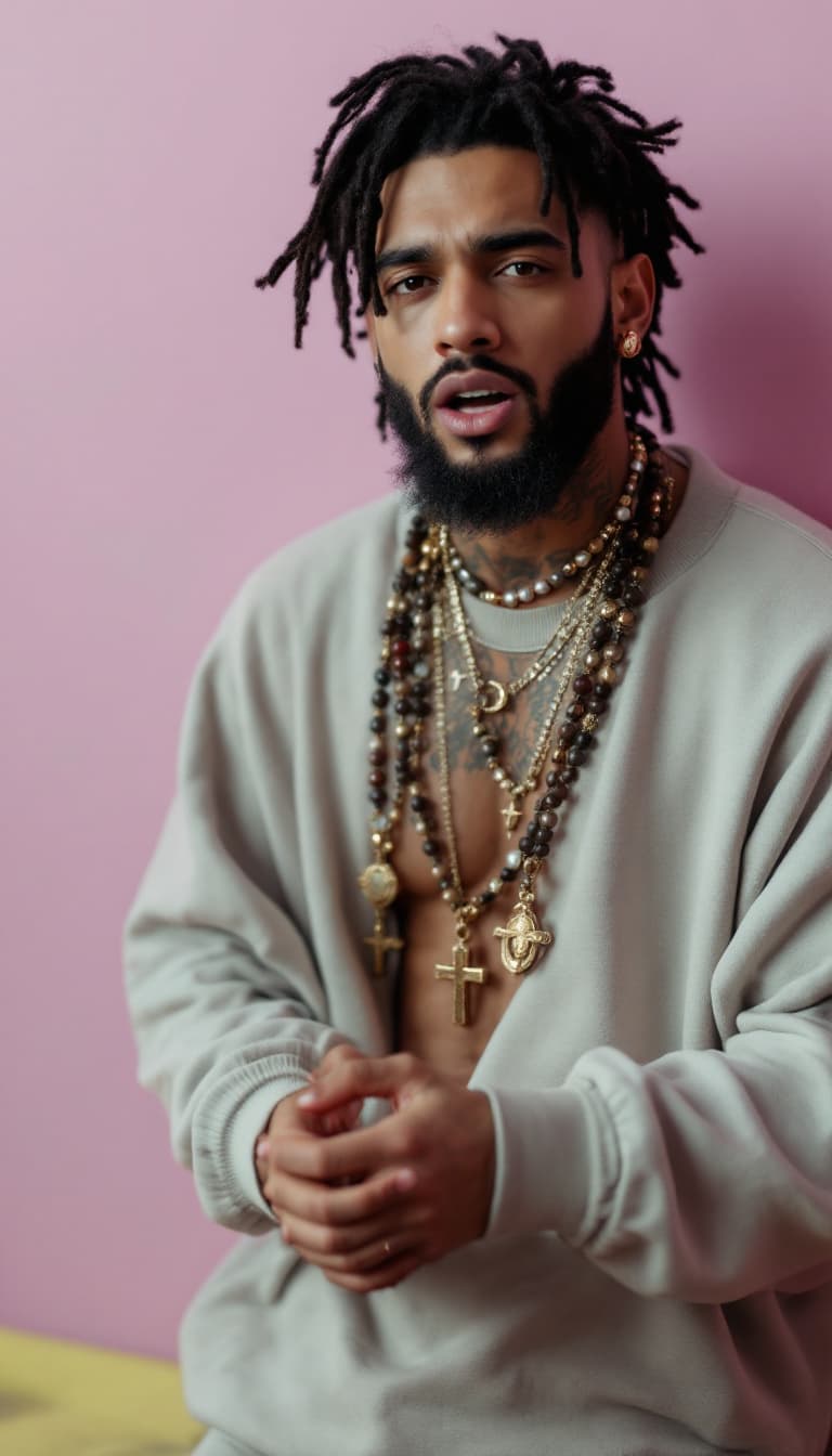 AI generated: A rap artist with rosaries and jewelry around his neck and hands. His legs are not in the frame. He ...